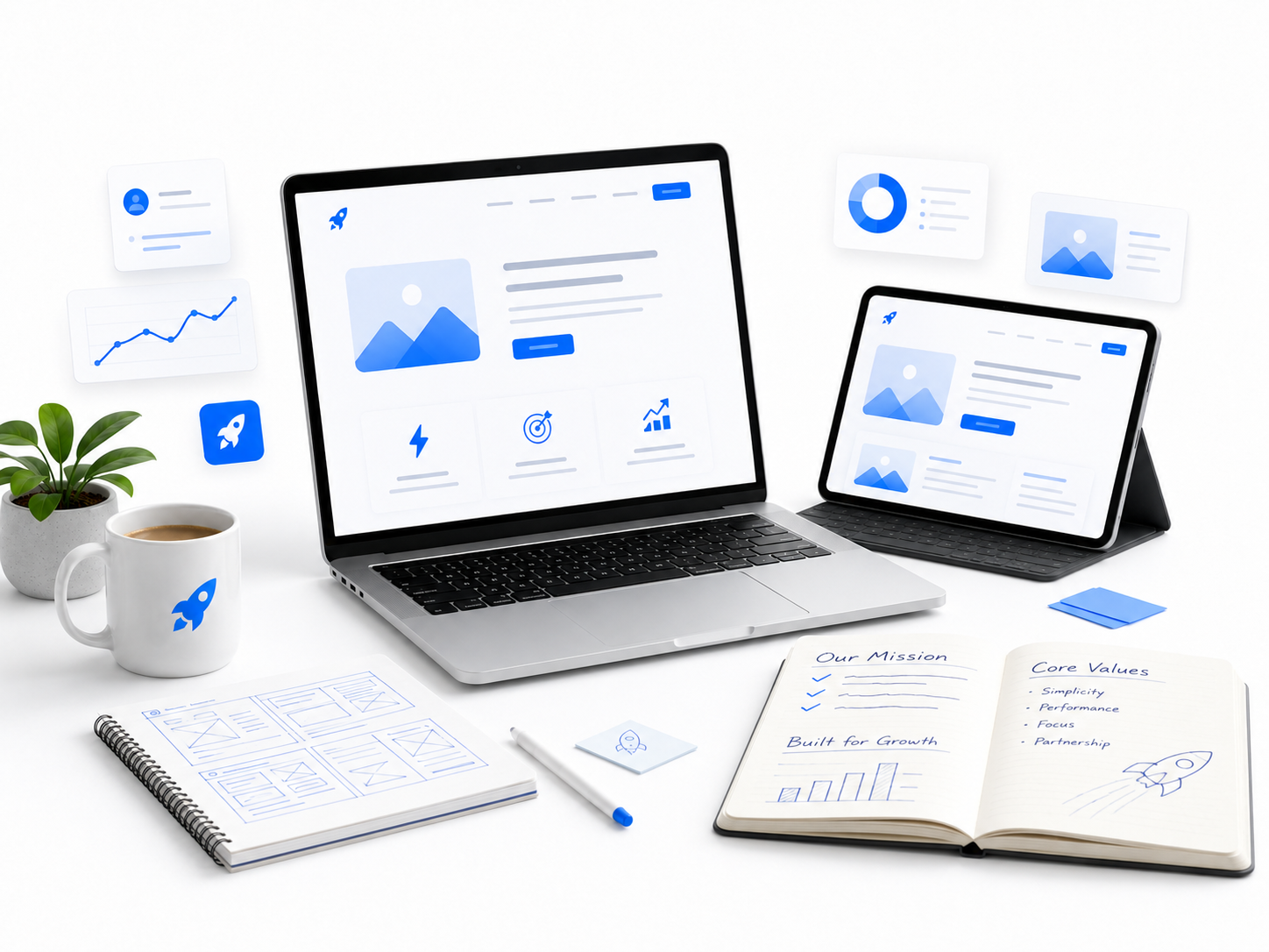PageLaunchStudio about page workspace mockup showing website planning, mission notes, and clean launch setup