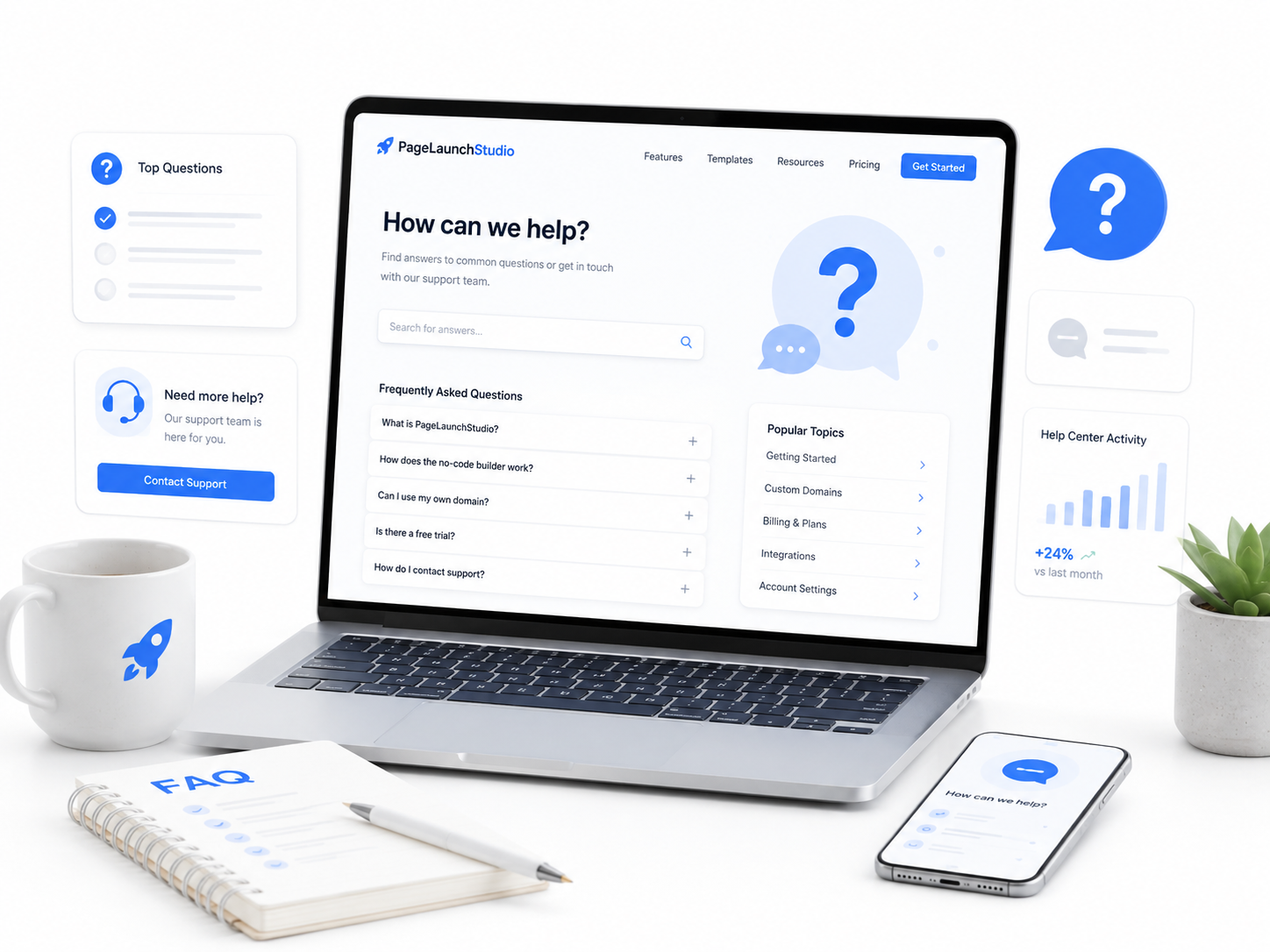 PageLaunchStudio FAQ help center mockup showing common questions, answers, and support options
