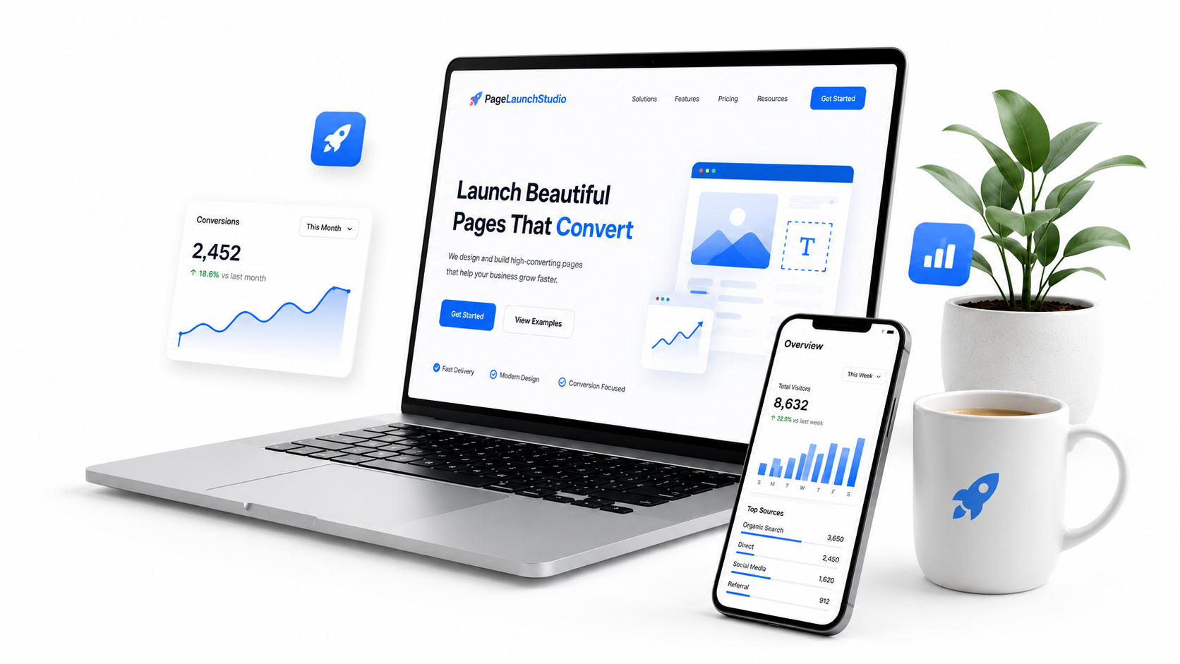 PageLaunchStudio website design mockup with laptop, mobile analytics, and business dashboard