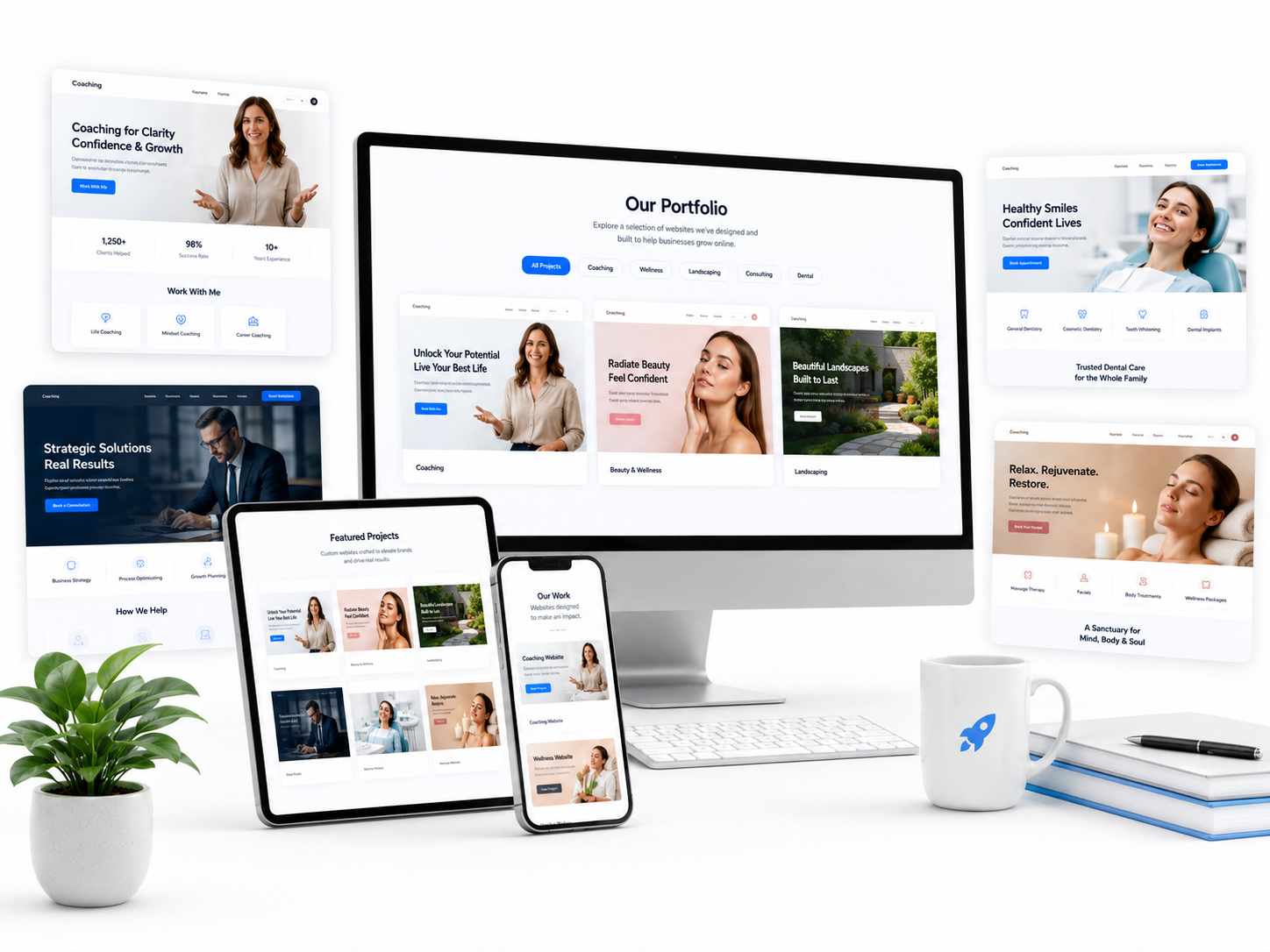 PageLaunchStudio portfolio mockup showing clean website and landing page examples