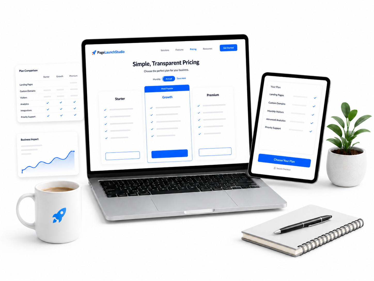 PageLaunchStudio pricing mockup showing package options and plan selection