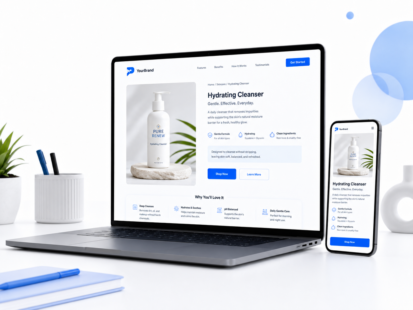 PageLaunchStudio product page service mockup showing a clean product page layout