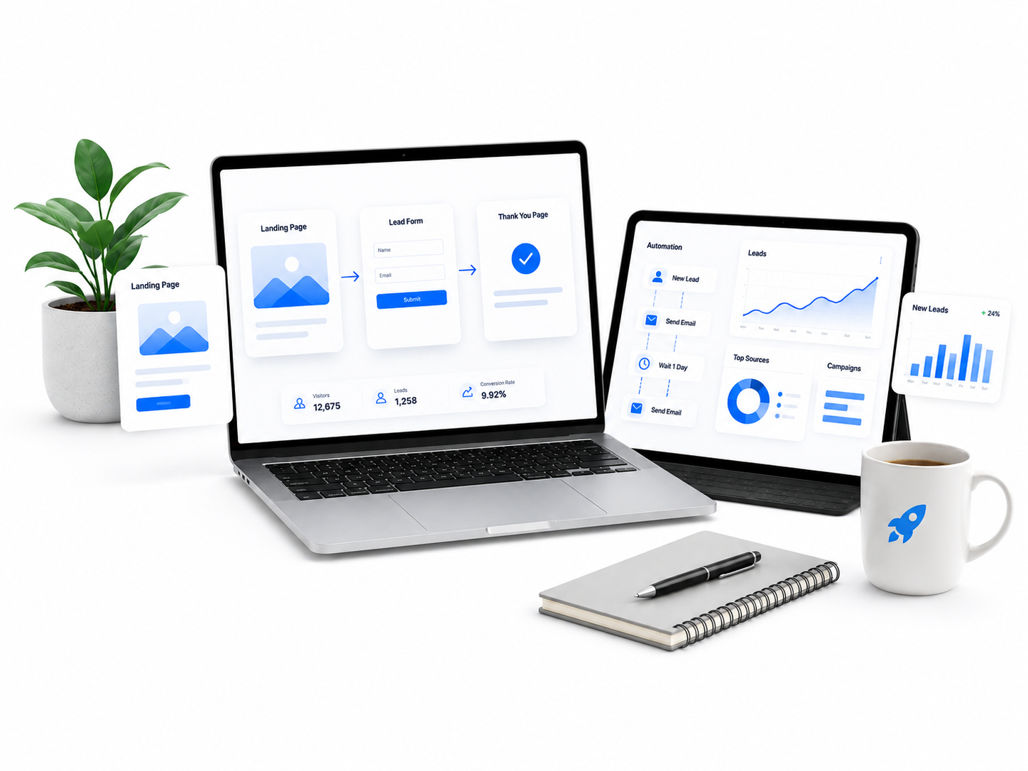 PageLaunchStudio services mockup showing landing page, lead funnel, automation, and website dashboard
