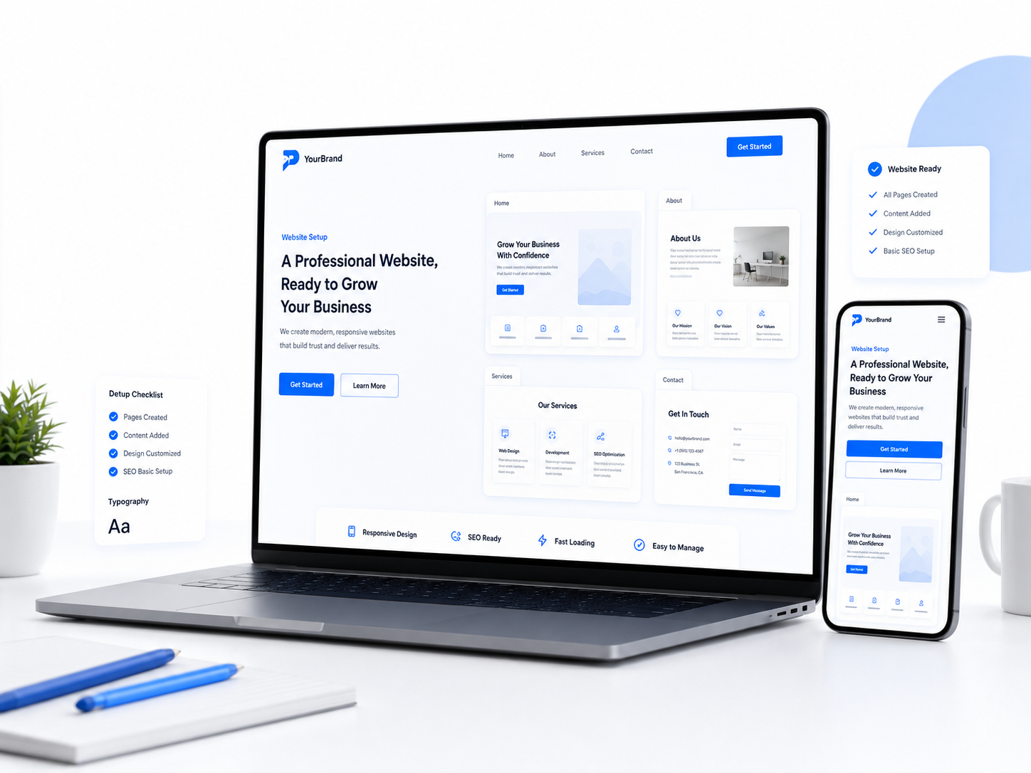 PageLaunchStudio website setup service mockup showing clean business website pages